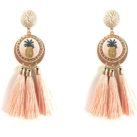 Pink pineapples velvet & tassel maxi earrings NWOT - Picture 1 of 5